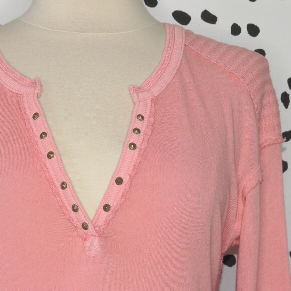 Free People Pink Military Mix Studded Henley Long Sleeve Top - Picture 4 of 12